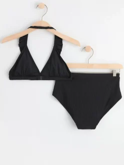 Badkläder & Uv>Lindex Ribbad Halterneck Bikini Med Volanger Black