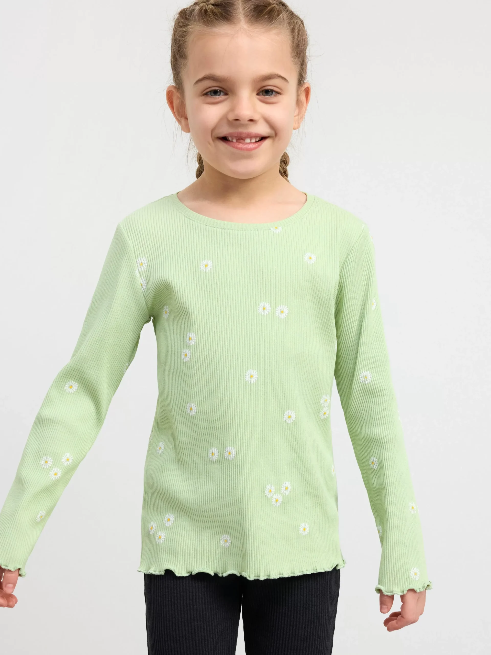 Toppar & T-Shirts>Lindex Ribbad Langarmad Topp Med Blommor Light Dusty Green