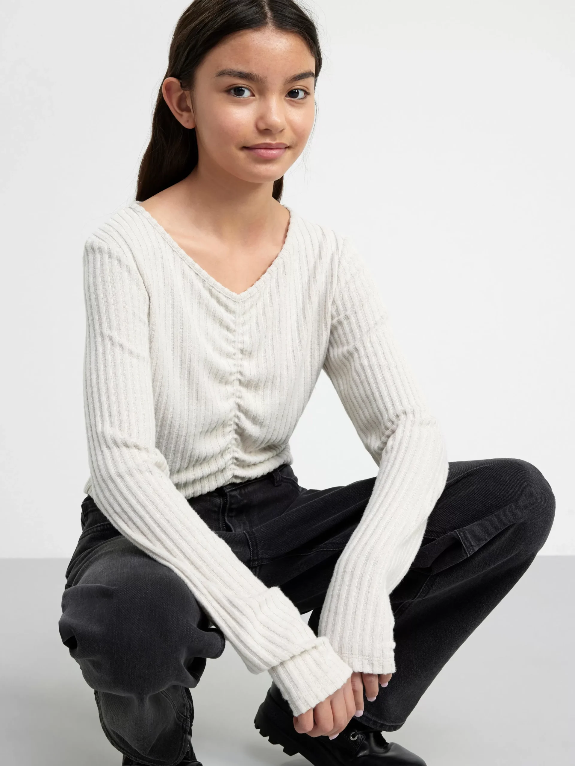 Toppar & T-Shirts>Lindex Ribbad Topp Med Rynkdetalj Light Beige Melange