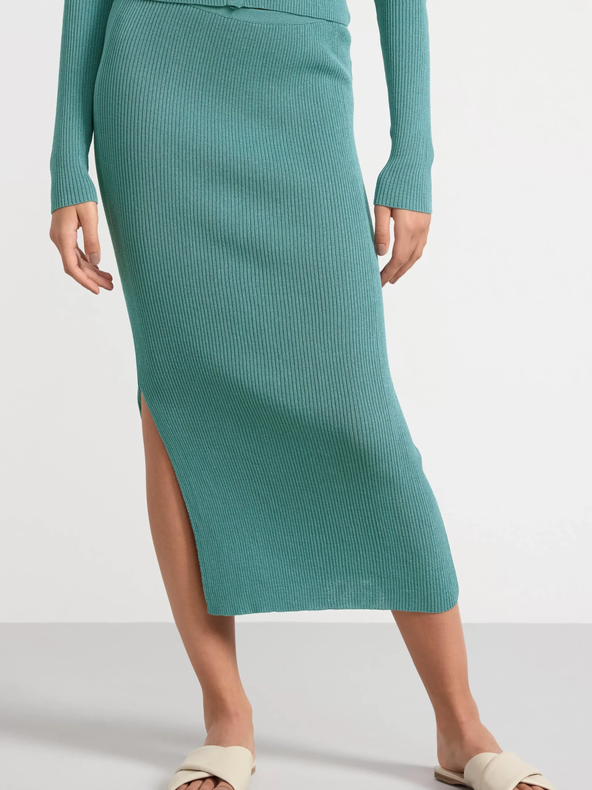 Kjolar>Lindex Ribbstickad Midikjol Turquoise
