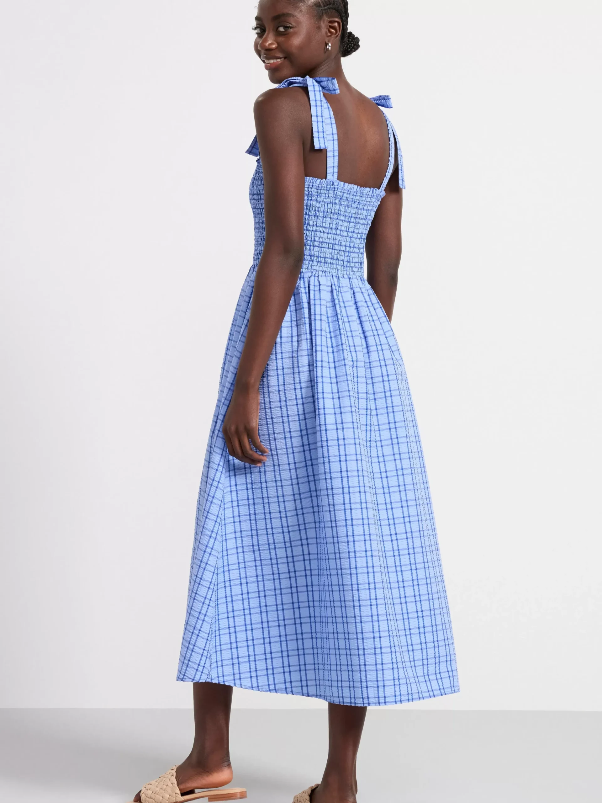 Klänningar>Lindex Rutig Midiklanning Med Smock Light Blue
