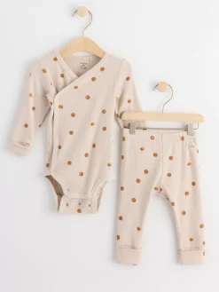 Set>Lindex Set Med Ribbad Omlottbody Och Leggings Light Beige
