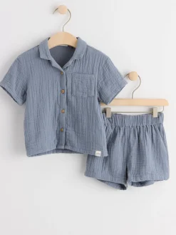 Flerpack>Lindex Set Med Skjorta Och Shorts I Krinklad Bomull Dark Dusty Blue