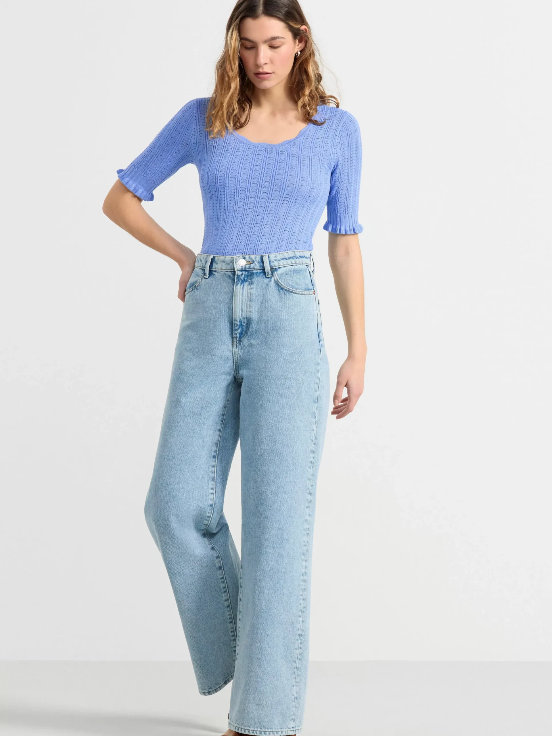 Toppar & T-Shirts>Lindex Stickad Topp Med Kort Arm Light Blue
