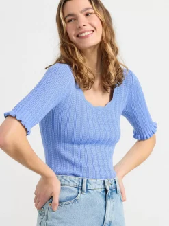 Toppar & T-Shirts>Lindex Stickad Topp Med Kort Arm Light Blue