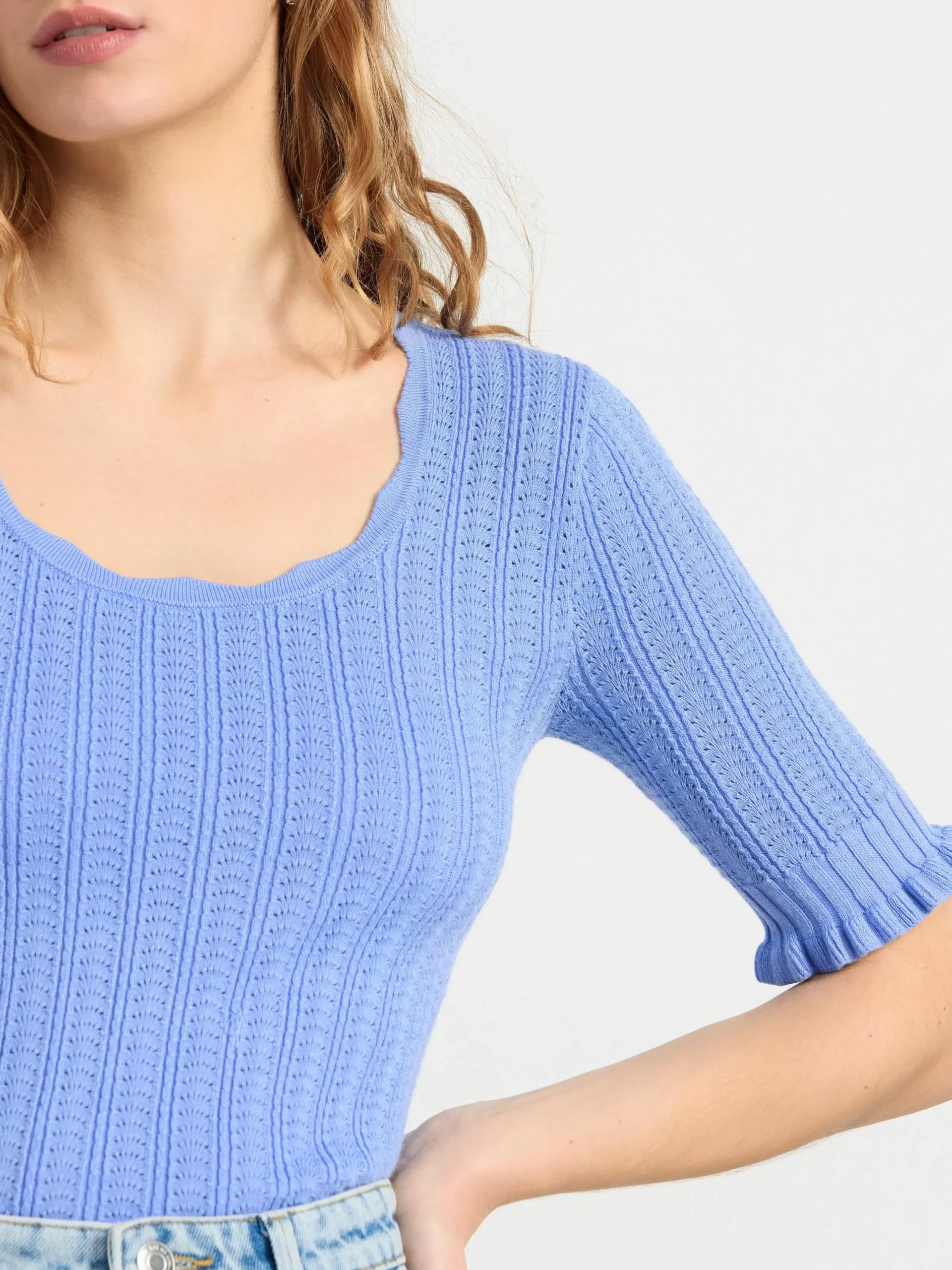 Toppar & T-Shirts>Lindex Stickad Topp Med Kort Arm Light Blue