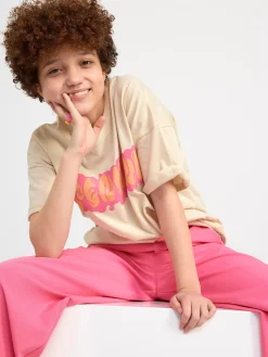 Toppar & T-Shirts>Lindex T Shirt I Oversize-Modell Med Tryck Framtill Light Beige
