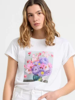 Toppar & T-Shirts>Lindex T-Shirt Med Blommor I Bomull Off White