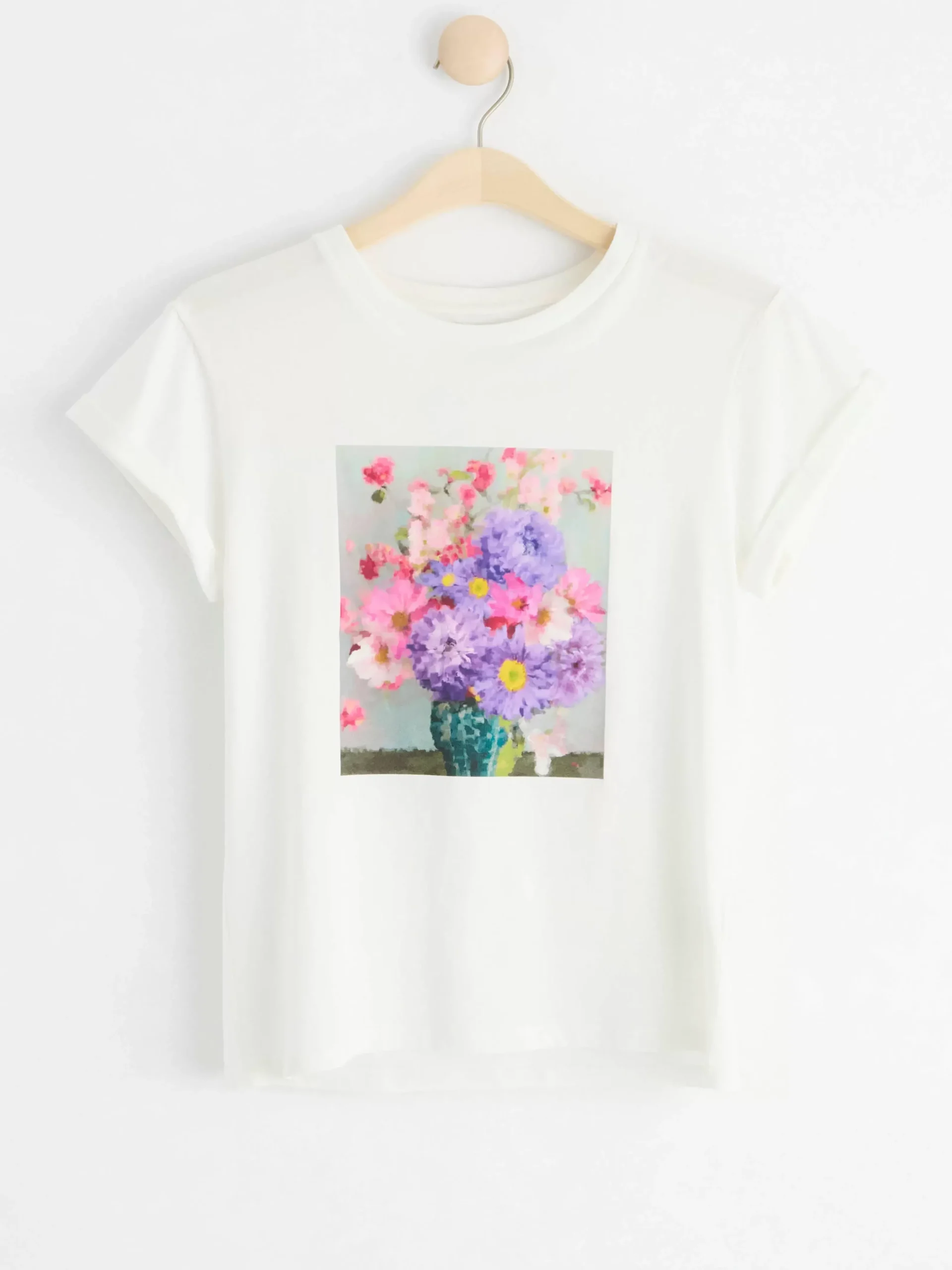 Toppar & T-Shirts>Lindex T-Shirt Med Blommor I Bomull Off White