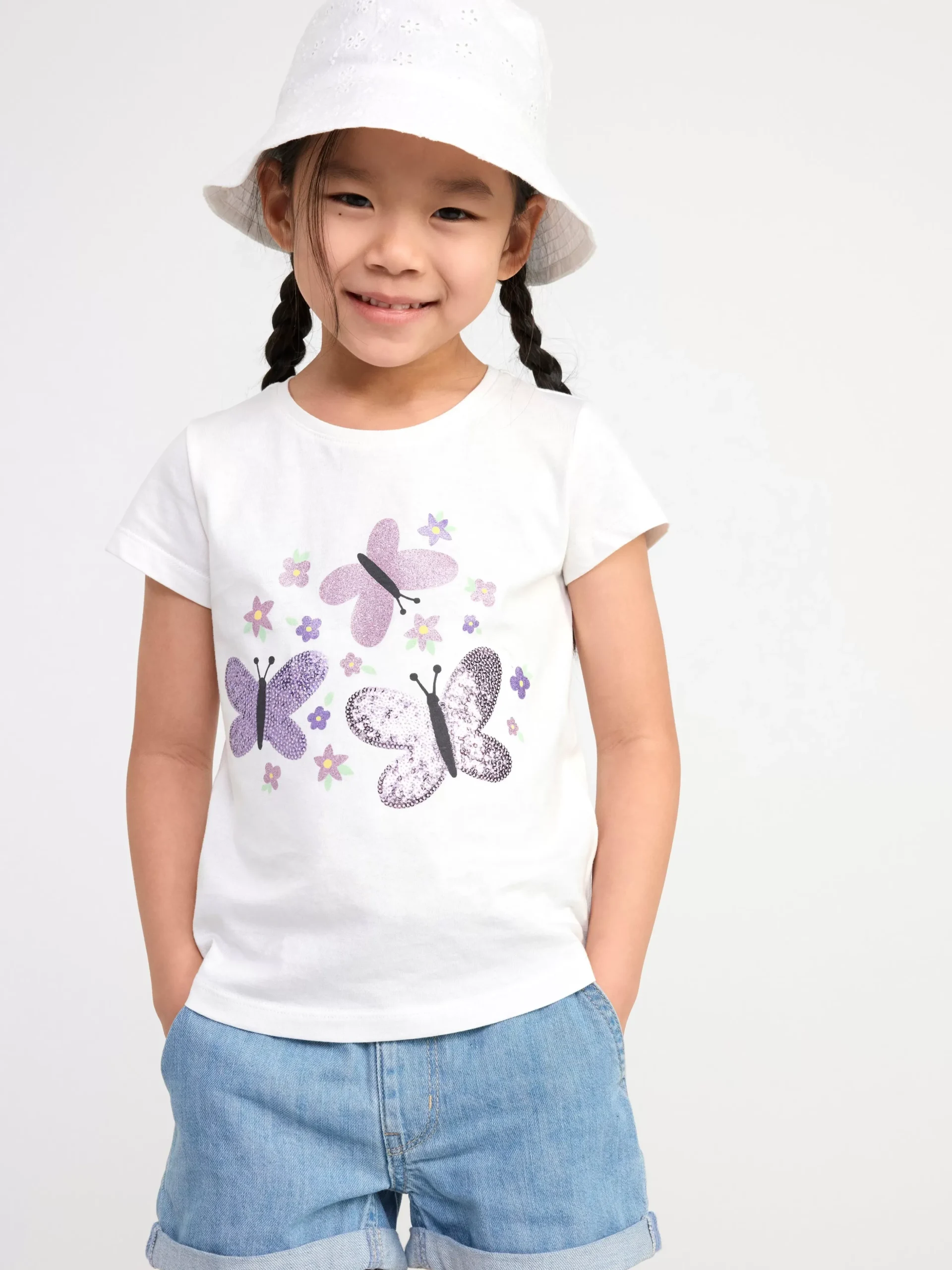 Toppar & T-Shirts>Lindex T-Shirt Med Fjarilar Light Dusty White
